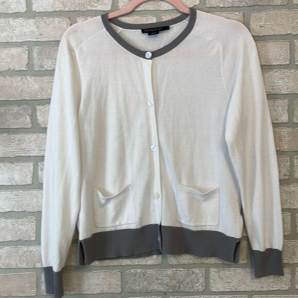 Pendleton Cardigan Sweater  White W/ Gray Trim lightweight soft material sz M - Picture 1 of 9